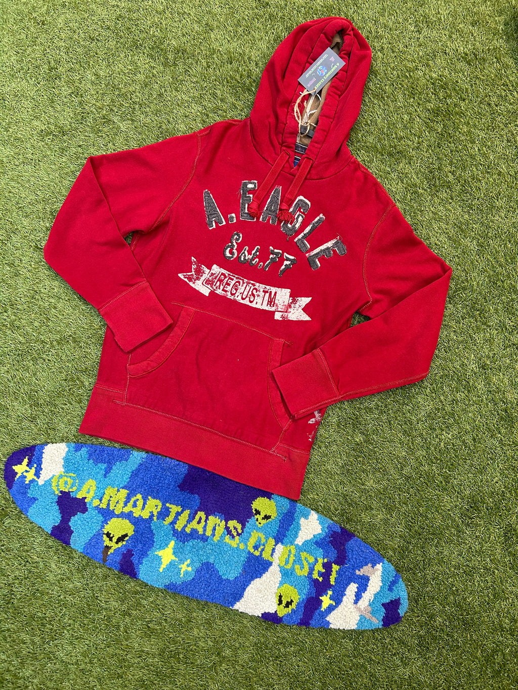 Y2K American Eagle Red Distressed Logo Hoodie