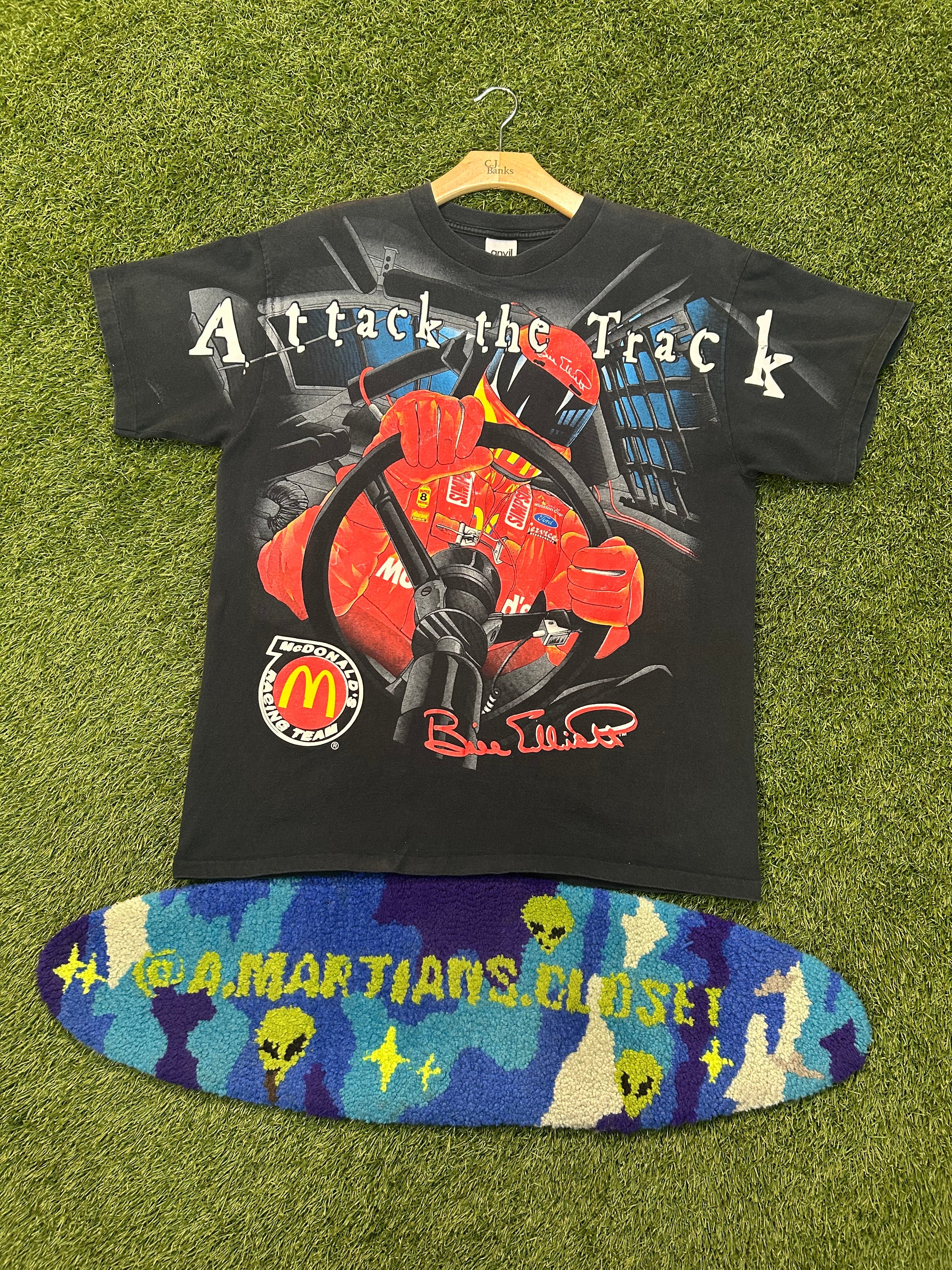 Vintage 1998 Bill Elliot Attack The Track AOP NASCAR Tee