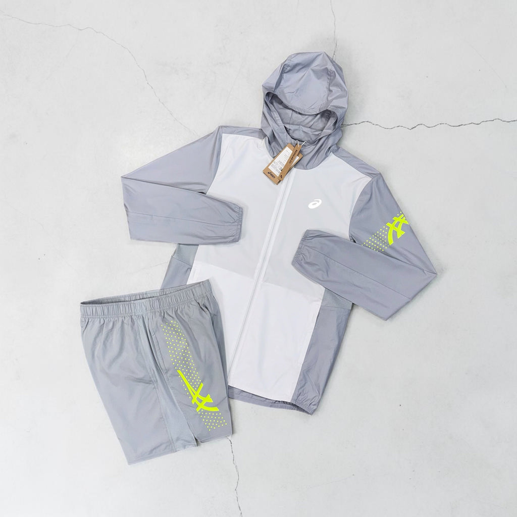 ASICS ICON WINDRUNNER AND ICON SHORTS SET - GREY / WHITE VOLT